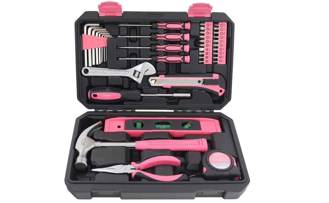 Apollo Tools Original 39 Piece General Household Tool Set in Toolbox Storage Case with Essential Hand Tools for Everyday Home Repairs, DIY and Crafts - Pink Ribbon - Pink - DT9706P