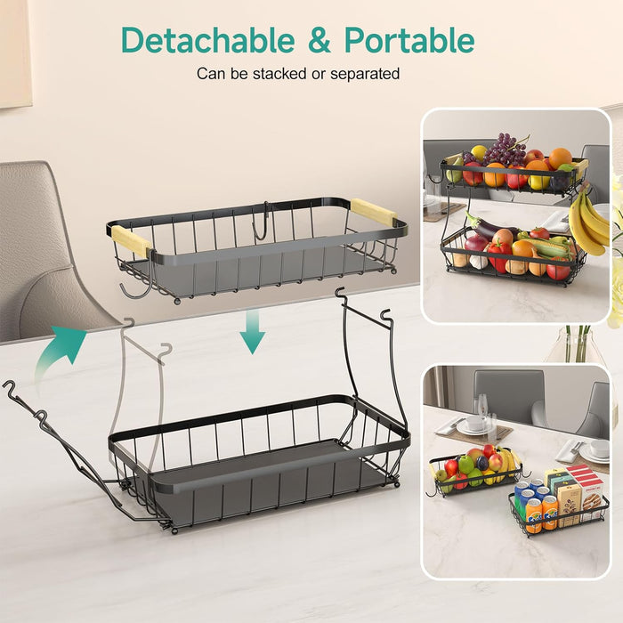 2 Tier Fruit Basket for Kitchen Counter with 2 Mobile Banana Hangers, 2025 Pro Detachable Metal Fruit Bowl with Wooden Handle, Fruit Holder for Bread Snack Veggies with Protective Mats