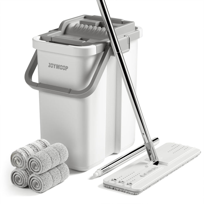 JOYMOOP Mop and Bucket with Wringer Set, Hands Free Flat Floor Mop and Bucket, with 3 Washable Microfiber Pads, Wet and Dry Use, Floor Cleaning System