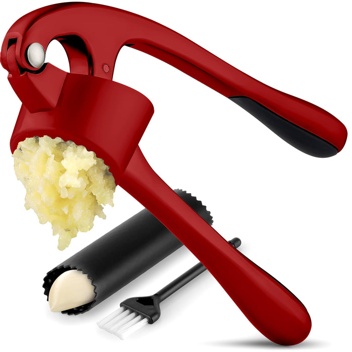 Zulay Kitchen Premium Garlic Press Set - Rust Proof & Dishwasher Safe Professional Garlic Mincer Tool - Easy-Squeeze, Easy-Clean with Soft, Ergonomic Handle - Silicone Garlic Peeler & Brush (Silver)