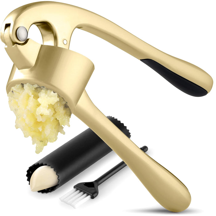 Zulay Kitchen Premium Garlic Press Set - Rust Proof & Dishwasher Safe Professional Garlic Mincer Tool - Easy-Squeeze, Easy-Clean with Soft, Ergonomic Handle - Silicone Garlic Peeler & Brush (Silver)