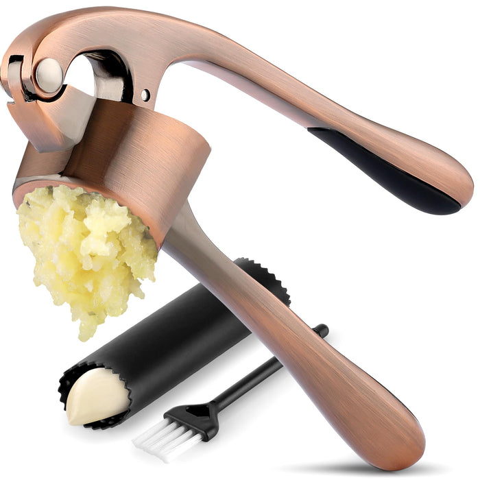 Zulay Kitchen Premium Garlic Press Set - Rust Proof & Dishwasher Safe Professional Garlic Mincer Tool - Easy-Squeeze, Easy-Clean with Soft, Ergonomic Handle - Silicone Garlic Peeler & Brush (Silver)