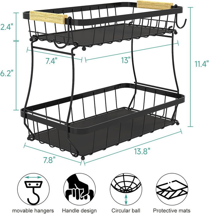 2 Tier Fruit Basket for Kitchen Counter with 2 Mobile Banana Hangers, 2025 Pro Detachable Metal Fruit Bowl with Wooden Handle, Fruit Holder for Bread Snack Veggies with Protective Mats