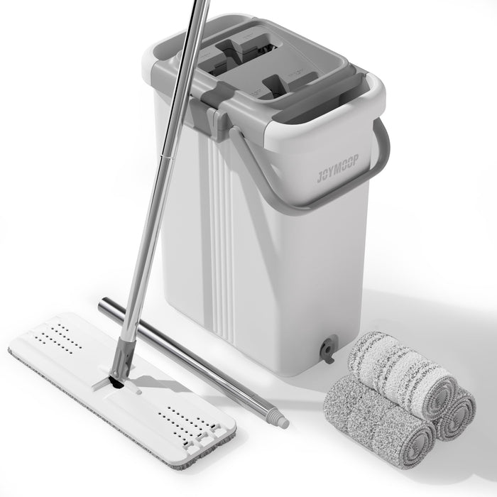 JOYMOOP Mop and Bucket with Wringer Set, Hands Free Flat Floor Mop and Bucket, with 3 Washable Microfiber Pads, Wet and Dry Use, Floor Cleaning System