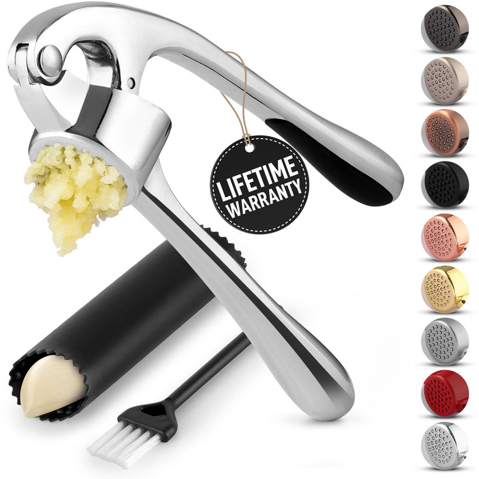 Zulay Kitchen Premium Garlic Press Set - Rust Proof & Dishwasher Safe Professional Garlic Mincer Tool - Easy-Squeeze, Easy-Clean with Soft, Ergonomic Handle - Silicone Garlic Peeler & Brush (Silver)