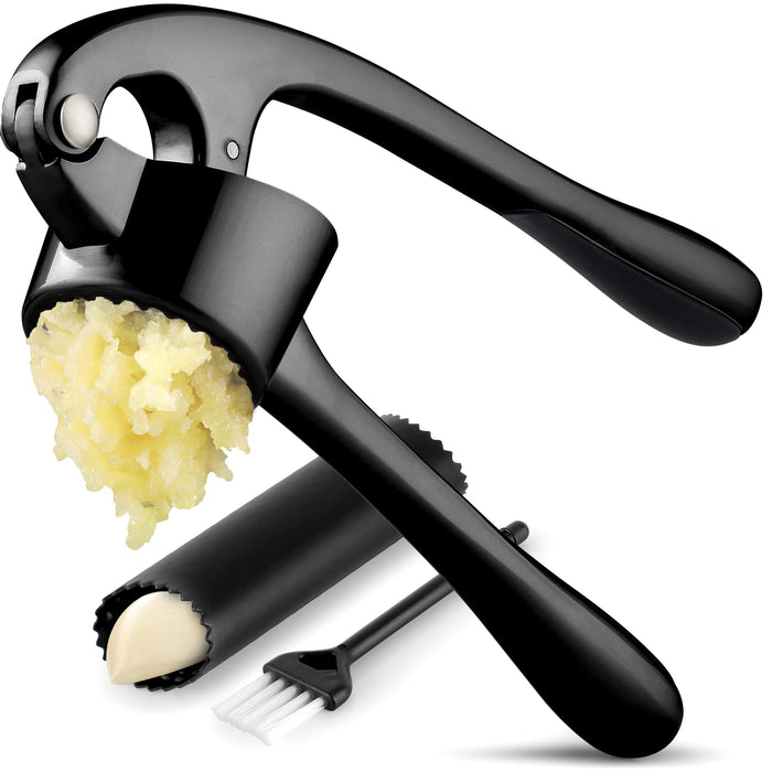 Zulay Kitchen Premium Garlic Press Set - Rust Proof & Dishwasher Safe Professional Garlic Mincer Tool - Easy-Squeeze, Easy-Clean with Soft, Ergonomic Handle - Silicone Garlic Peeler & Brush (Silver)