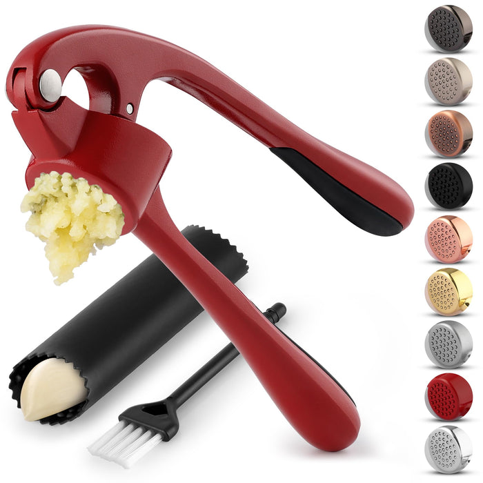 Zulay Kitchen Premium Garlic Press Set - Rust Proof & Dishwasher Safe Professional Garlic Mincer Tool - Easy-Squeeze, Easy-Clean with Soft, Ergonomic Handle - Silicone Garlic Peeler & Brush (Silver)