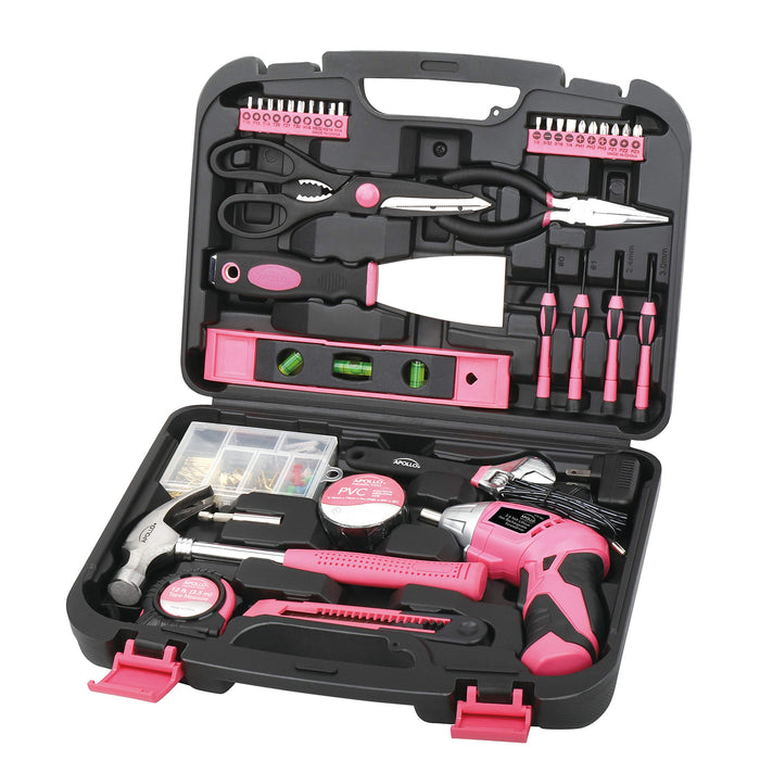 Apollo Tools Original 39 Piece General Household Tool Set in Toolbox Storage Case with Essential Hand Tools for Everyday Home Repairs, DIY and Crafts - Pink Ribbon - Pink - DT9706P