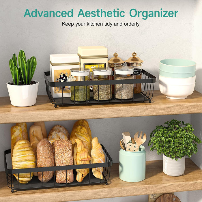 2 Tier Fruit Basket for Kitchen Counter with 2 Mobile Banana Hangers, 2025 Pro Detachable Metal Fruit Bowl with Wooden Handle, Fruit Holder for Bread Snack Veggies with Protective Mats