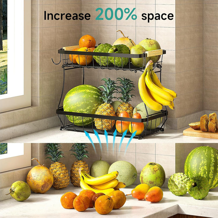2 Tier Fruit Basket for Kitchen Counter with 2 Mobile Banana Hangers, 2025 Pro Detachable Metal Fruit Bowl with Wooden Handle, Fruit Holder for Bread Snack Veggies with Protective Mats
